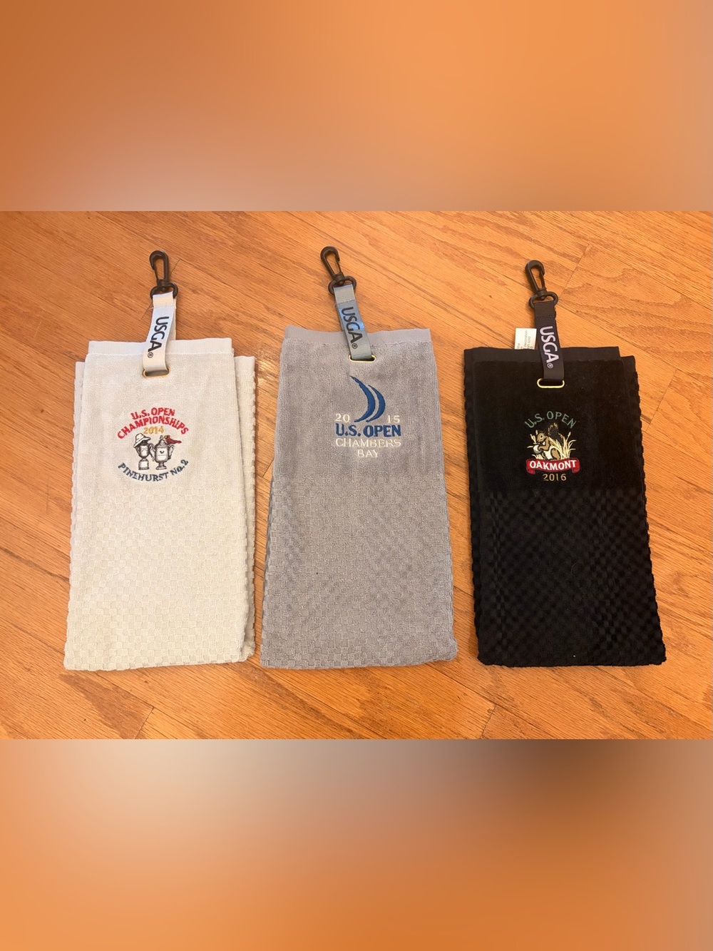 USGA US Open Golf Towels Clips - 2014 Pinehurst, 2015 Chambers Bay, 2016 Oakmont